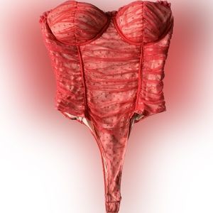 Baddieville red thong heart ruched netting bodysuit